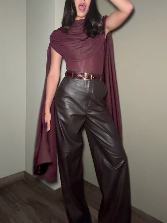 Elegant High-waist Wide-leg Faux Leather Pants