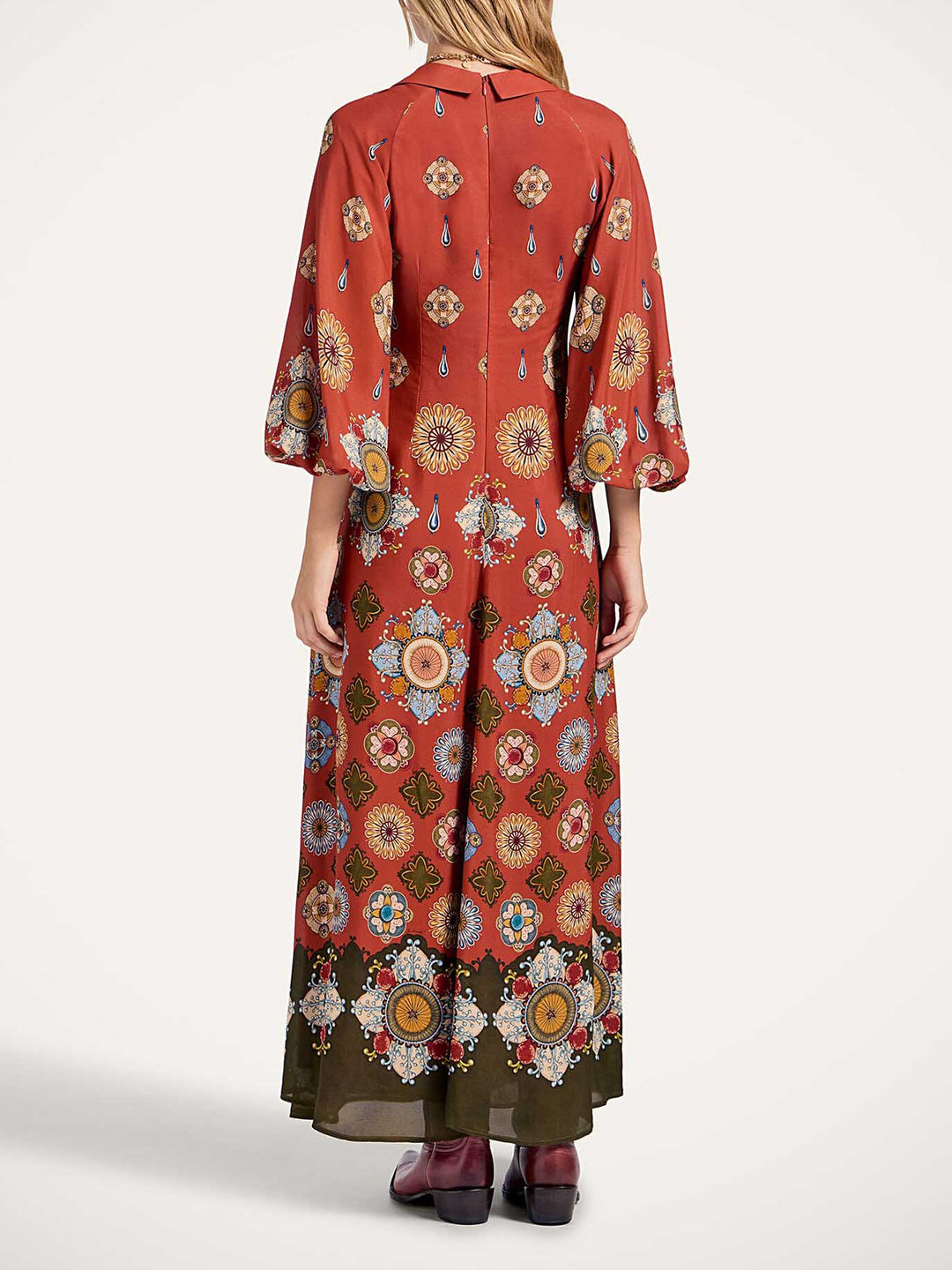 Elegant Satin Printed Shirt Collar Long Sleeve Maxi Dress