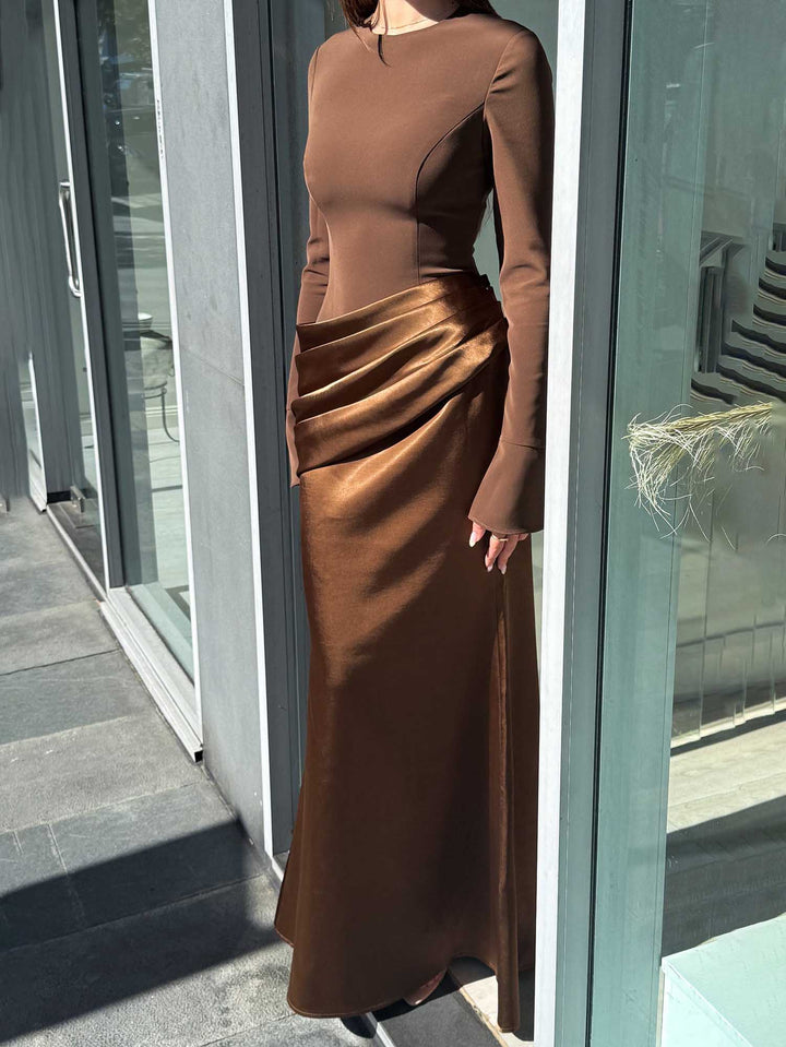 Elegant Long-Sleeved Draped Satin Maxi Dress