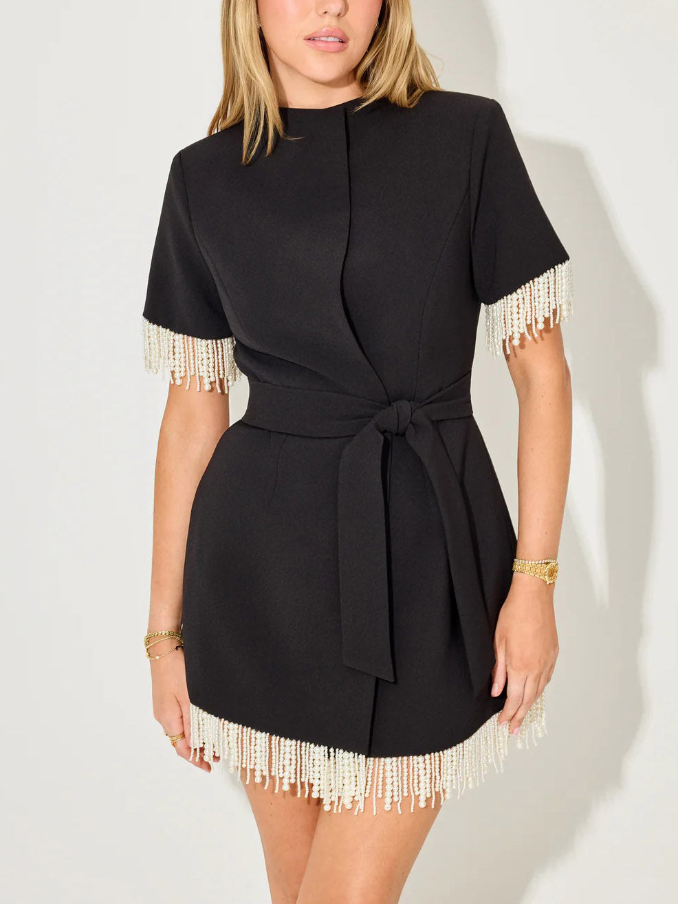 Elegant Pearl Trim Wrap Mini Dress