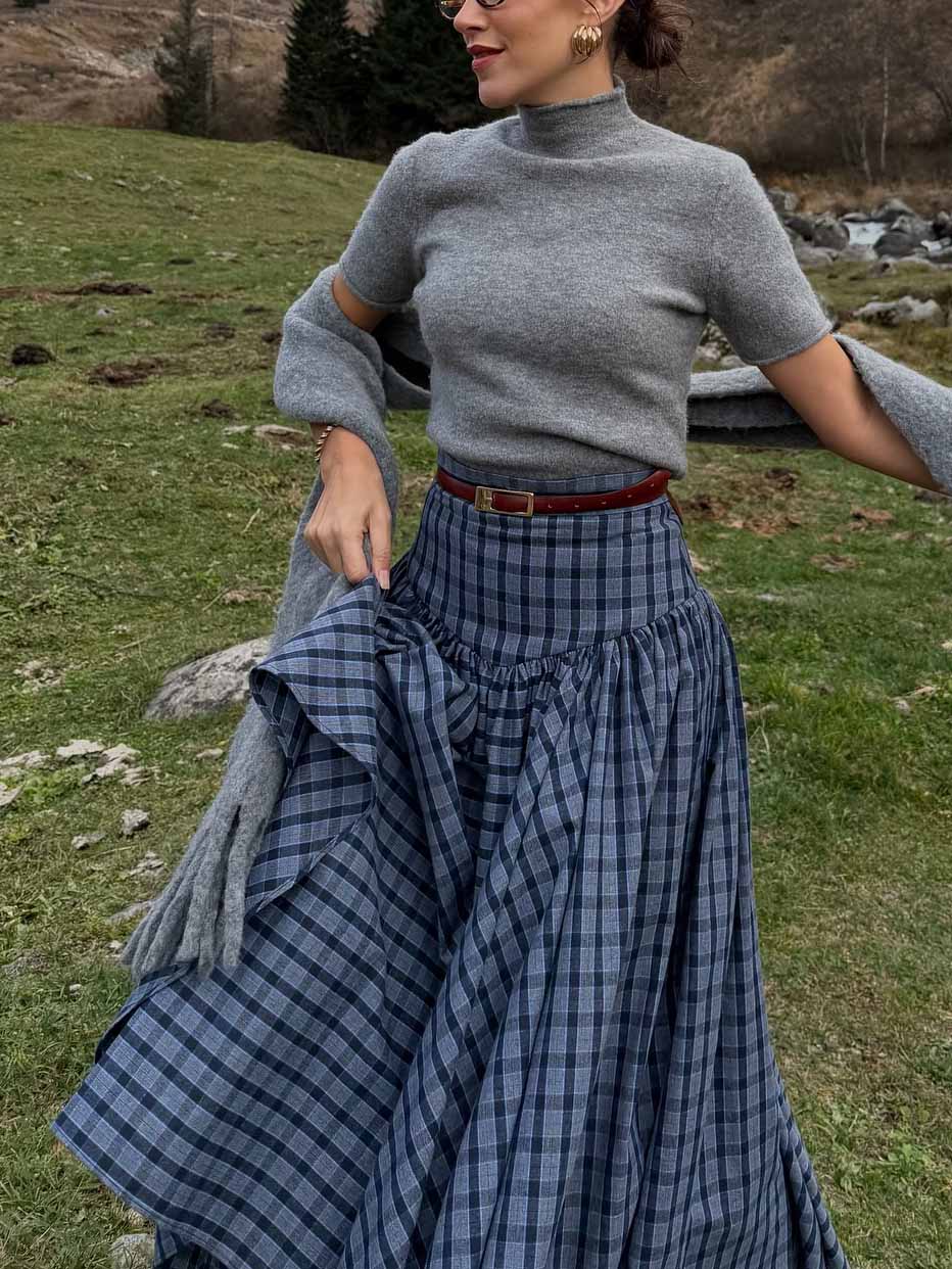 Retro Plaid Maxi Skirt Two-piece Set