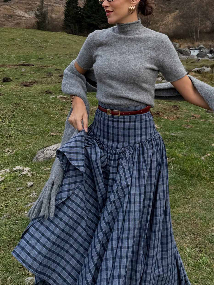 Retro Plaid Maxi Skirt Two-piece Set