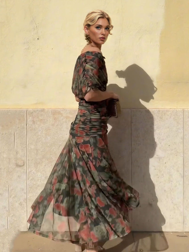 Elegant Mesh Watercolor Print Pleated Maxi Dress