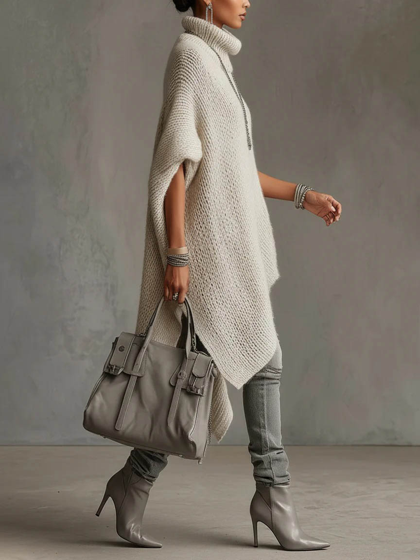 Asymmetrical Hem High-neck Knit Midi Dress