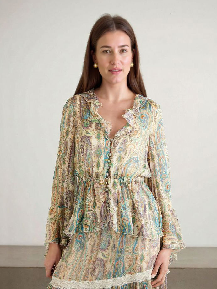 Exquisite Paisley Print Shirt And Skirt Two-piece Set