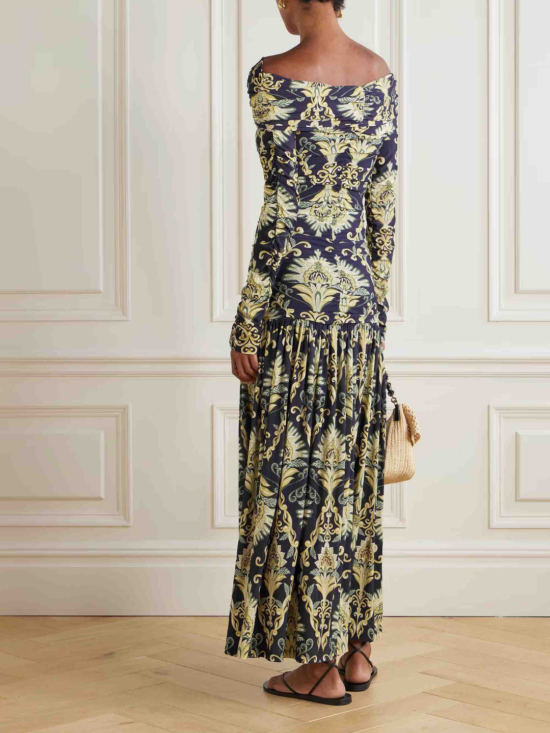 Retro Floral Print Bateau Neckline Pleated Maxi Dress