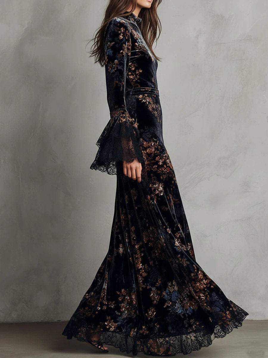 Exquisite Velvet Floral Print Pleated Maxi Dress
