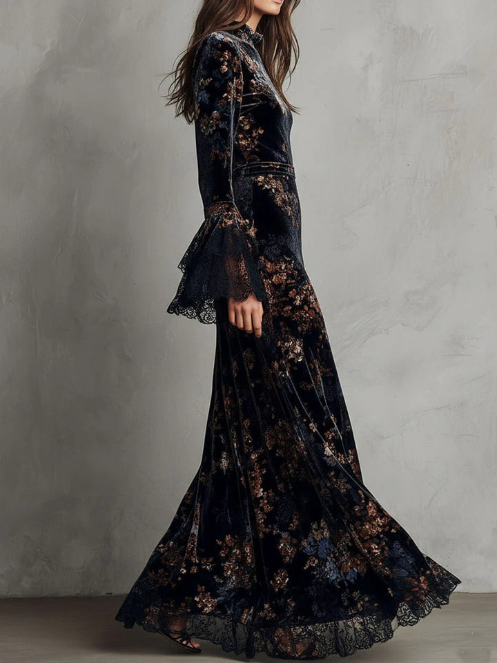 Exquisite Velvet Floral Print Pleated Maxi Dress