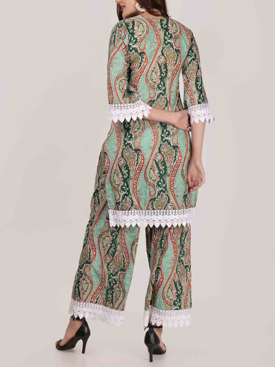 Elegant Paisley Print Lace-trimmed Long Shirt