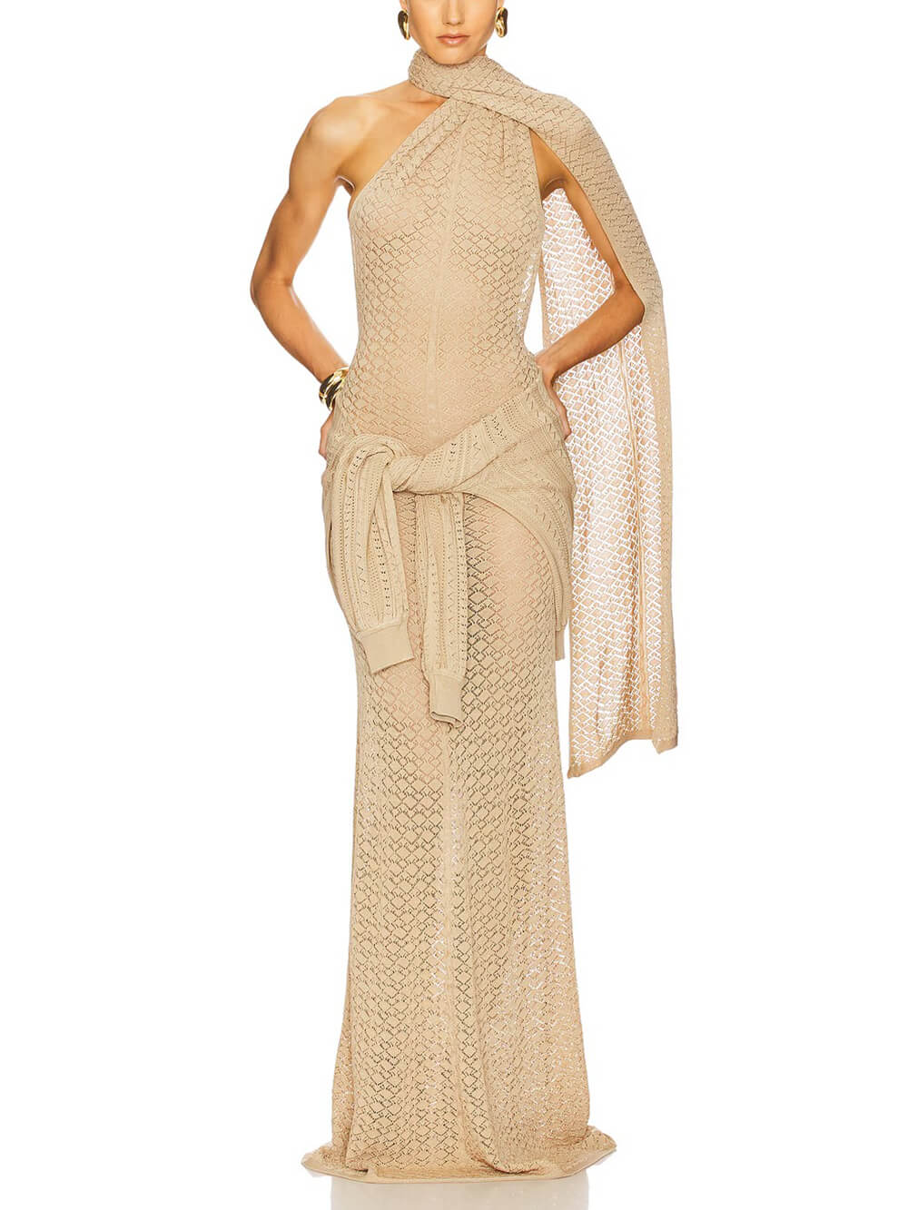 Exquisite Backless Mesh Wrap Scarf Detail Knit Maxi Dress