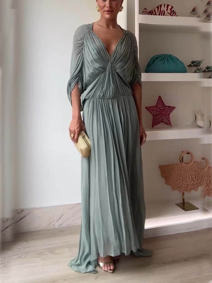Beautifully Pleated Draped V-Neck Batwing Sleeve Maxi Dress