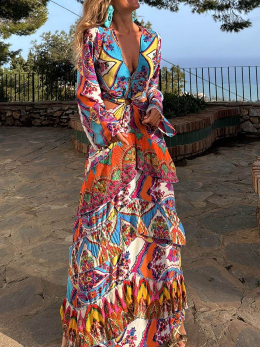 Unique Print Bell Sleeve Cutout Waist Layered Maxi Dress