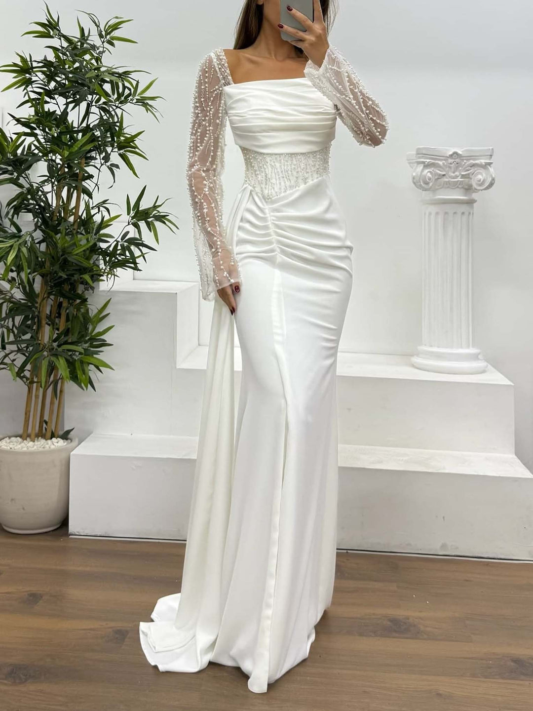 Elegant Sequined Long-sleeved Slit Maxi Party Dress