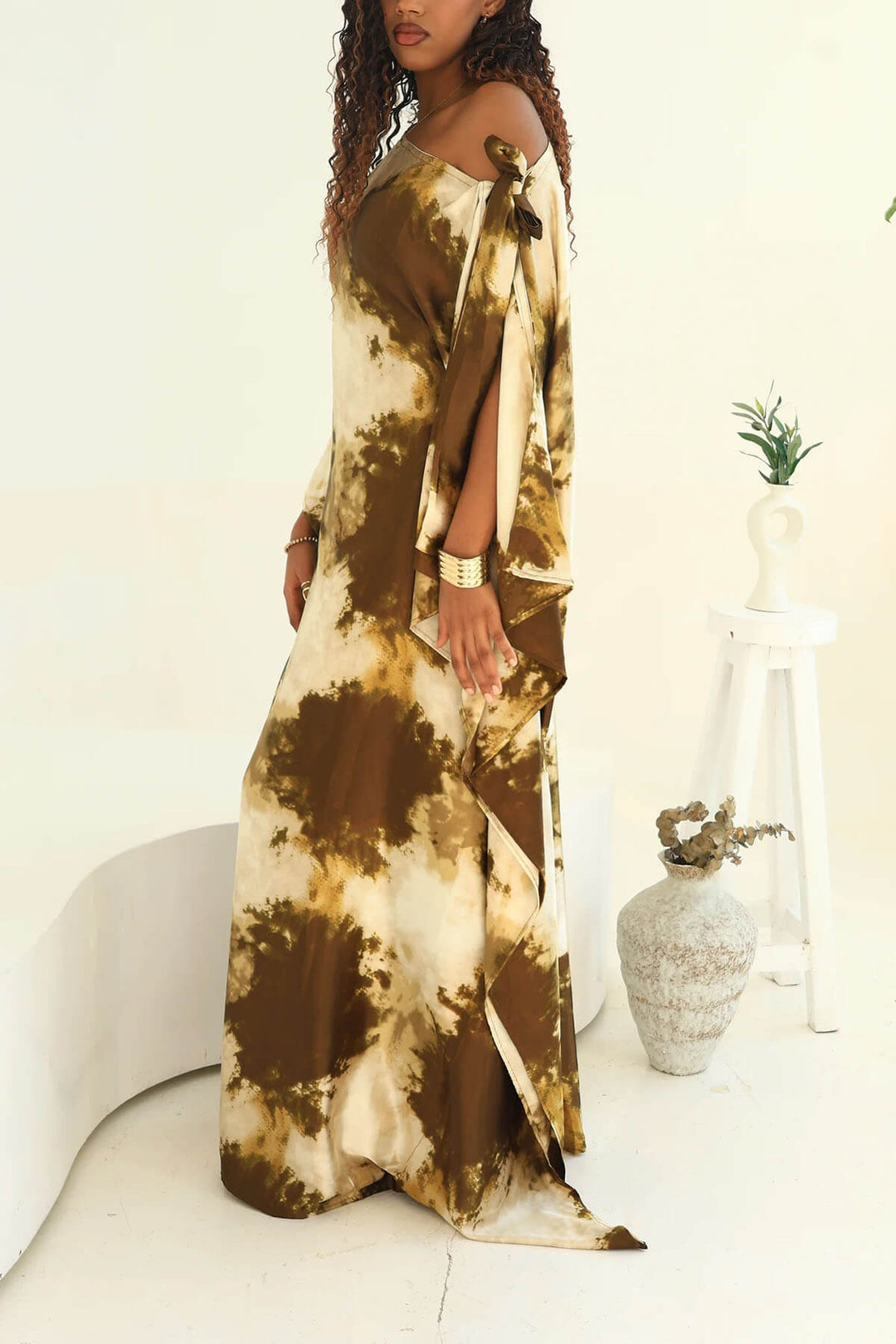 Unique Asymmetrical Print Batwing Sleeve Maxi Dress