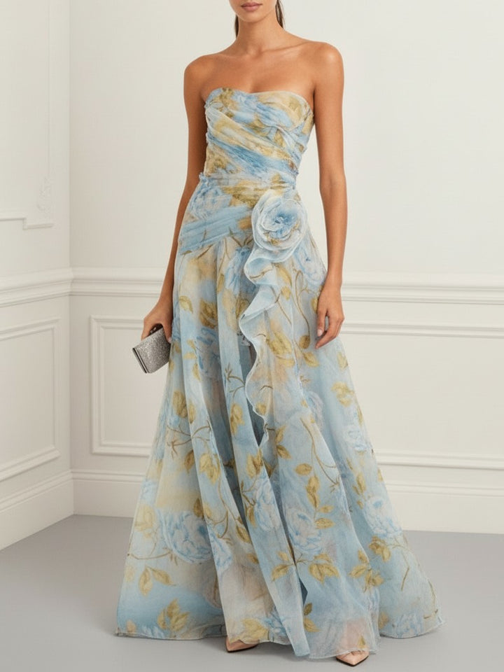 Elegant Strapless Floral Print Chiffon Maxi Dress