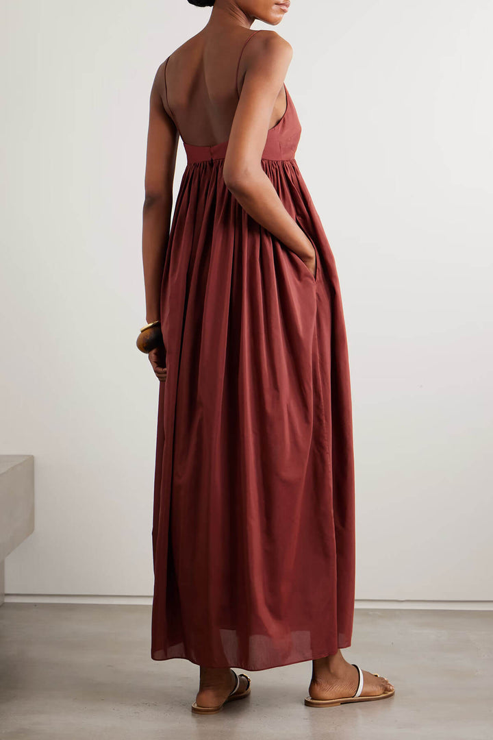 Fashion V-Neck Ruched Backless Pocket Maxi Dress