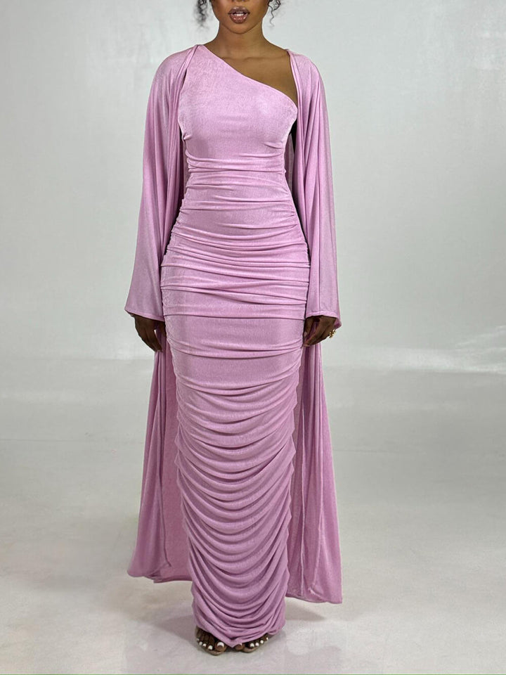 Elegant One-Shoulder Ruched Pink Maxi Dress With Long-Sleeve Cardigan Set