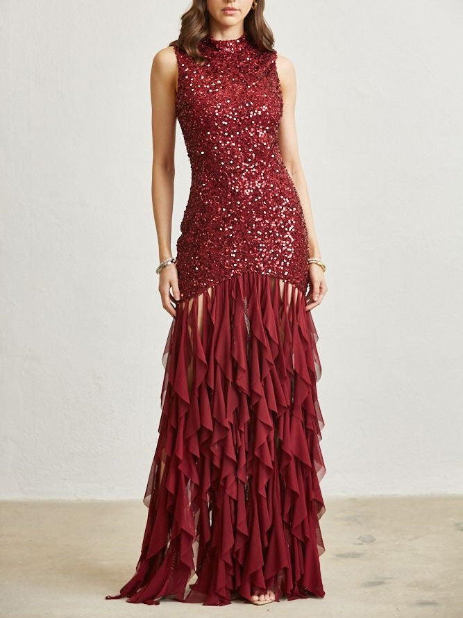 Elegant Sequined Backless High-neck Maxi Dress