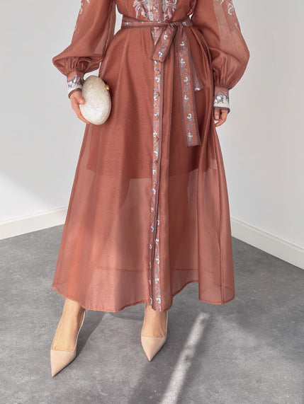 Casual Printed Chiffon Sheer Shirt Maxi Dress