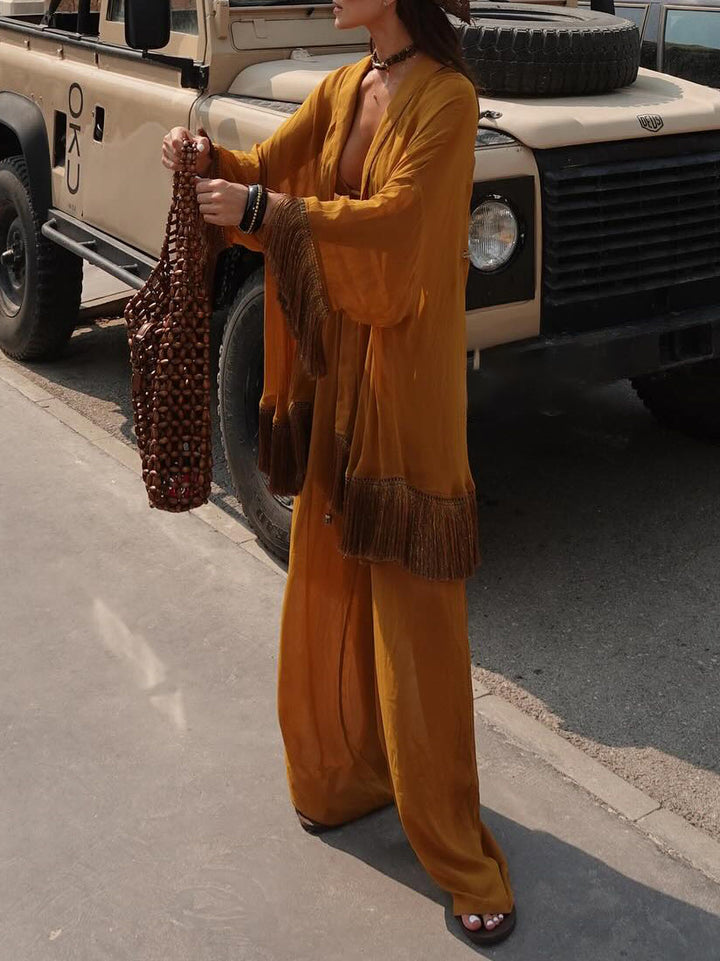 Elegant Palm Print Tassel Long-Sleeved Shirt
