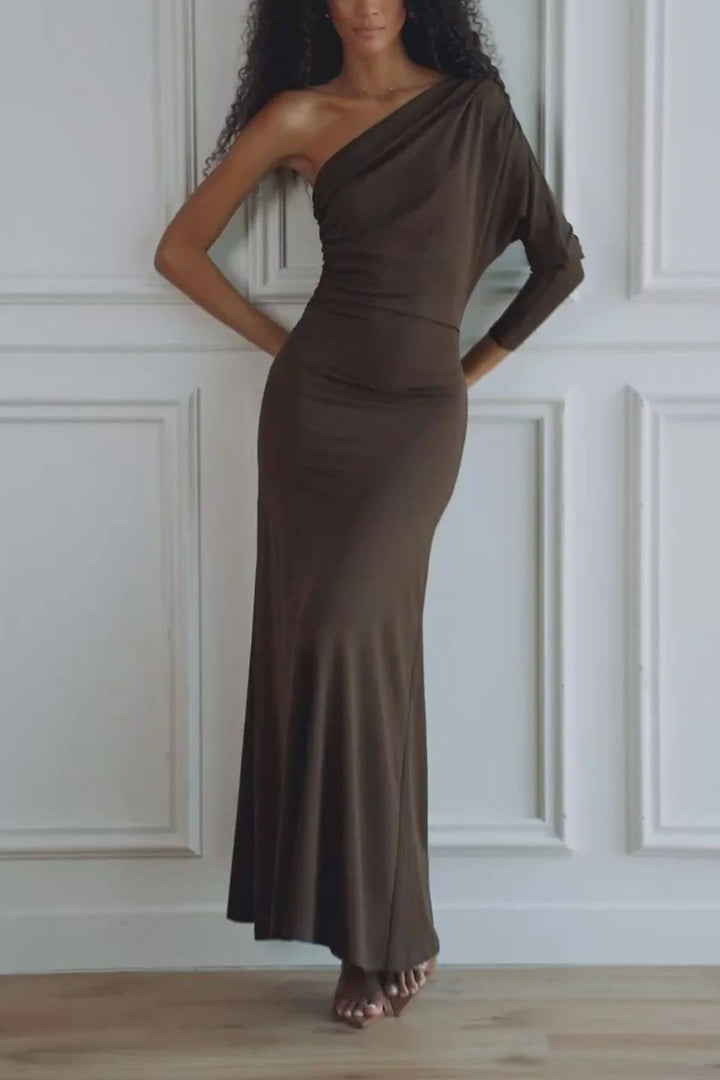 Exquisite One-Shoulder Draped Neckline Maxi Dress