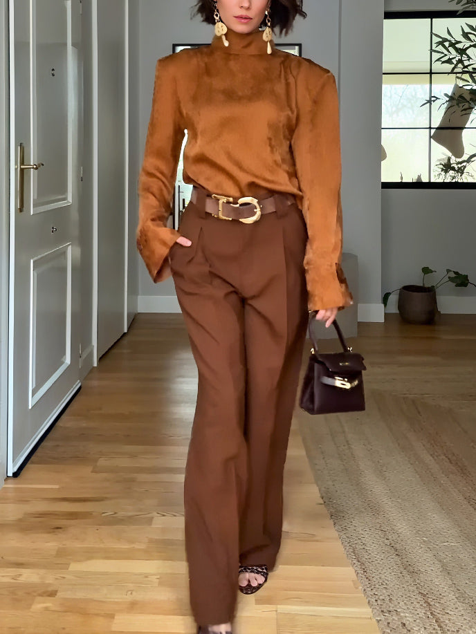 Elegant Satin High-Neck Long-Sleeve Blouse