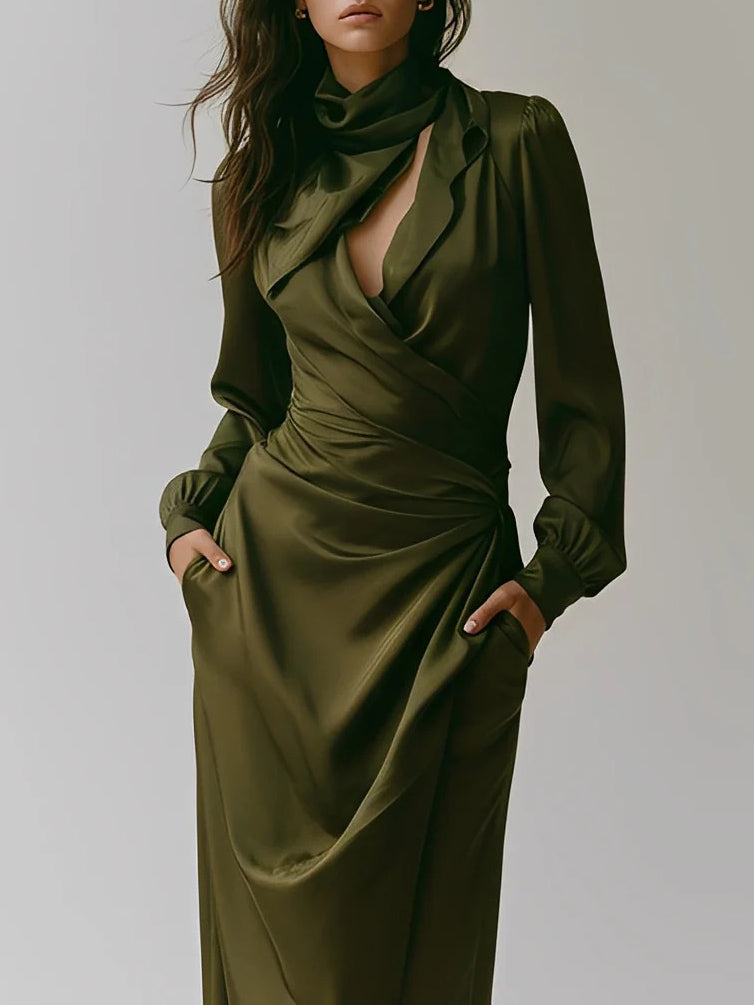 Elegant Satin Draped Shirt Maxi Dress