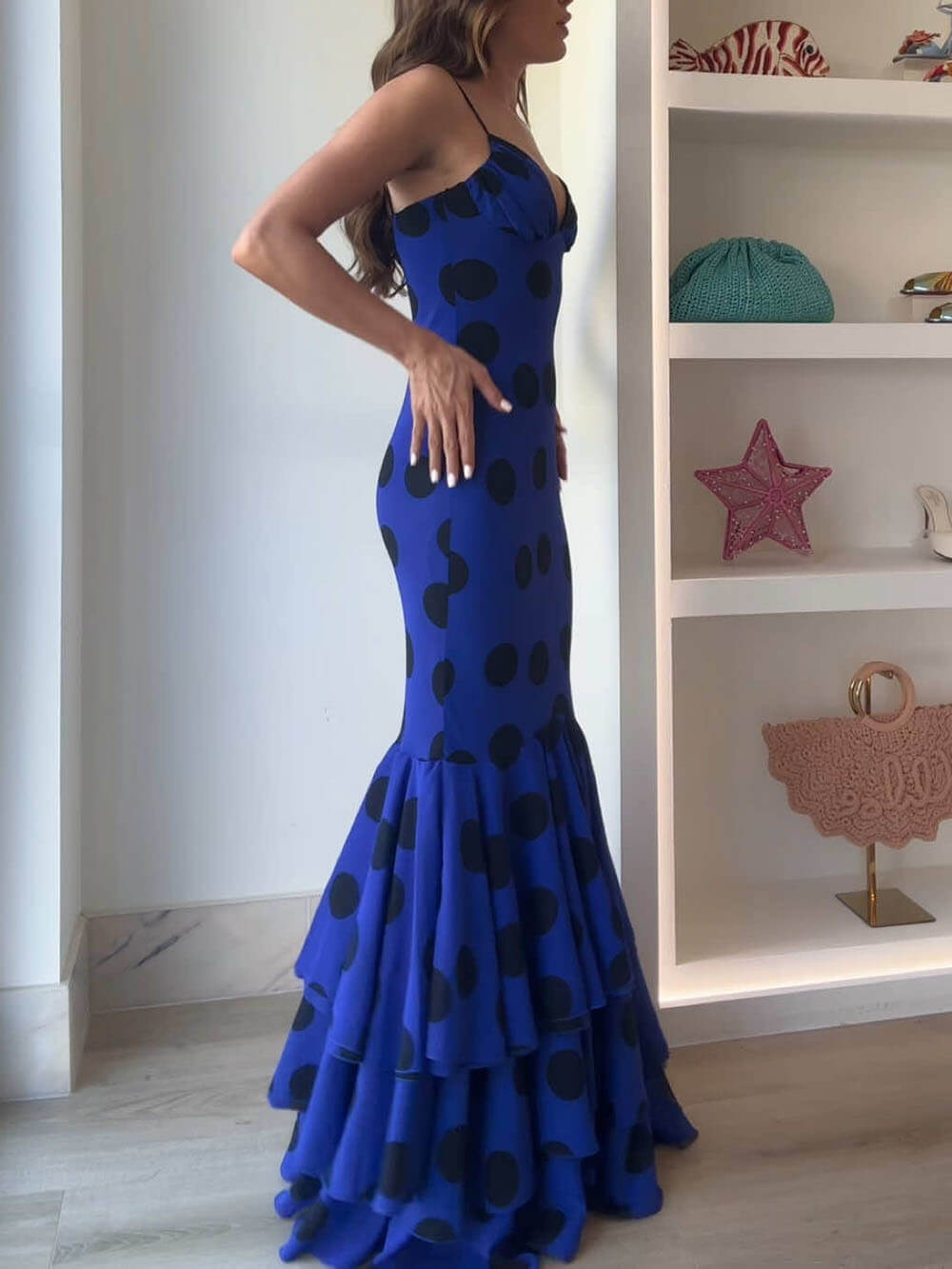 Elegant Polka Dot Print Fluffy Ruffles At The Hem Maxi Dress