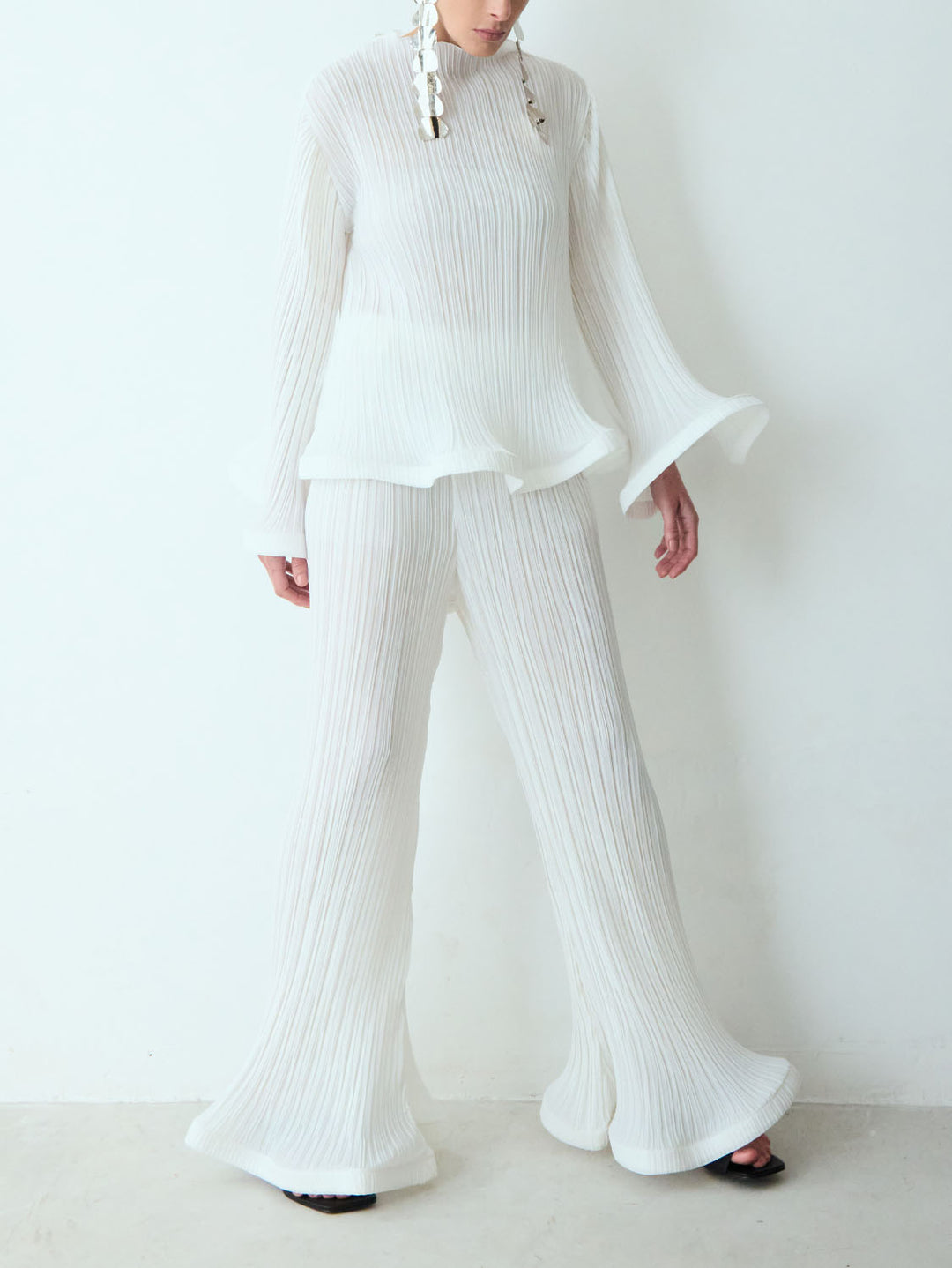 Elegant Ruffled Pleated Wide-Leg Pants