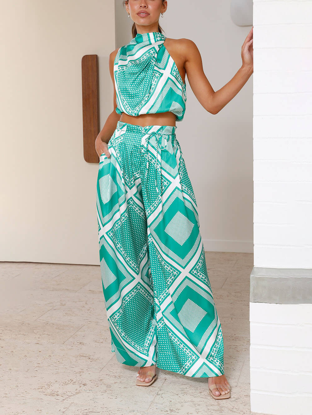 Easy And Elegant Temperament GraphicPrint Loose High Waist Pocket Wide-Leg Pants