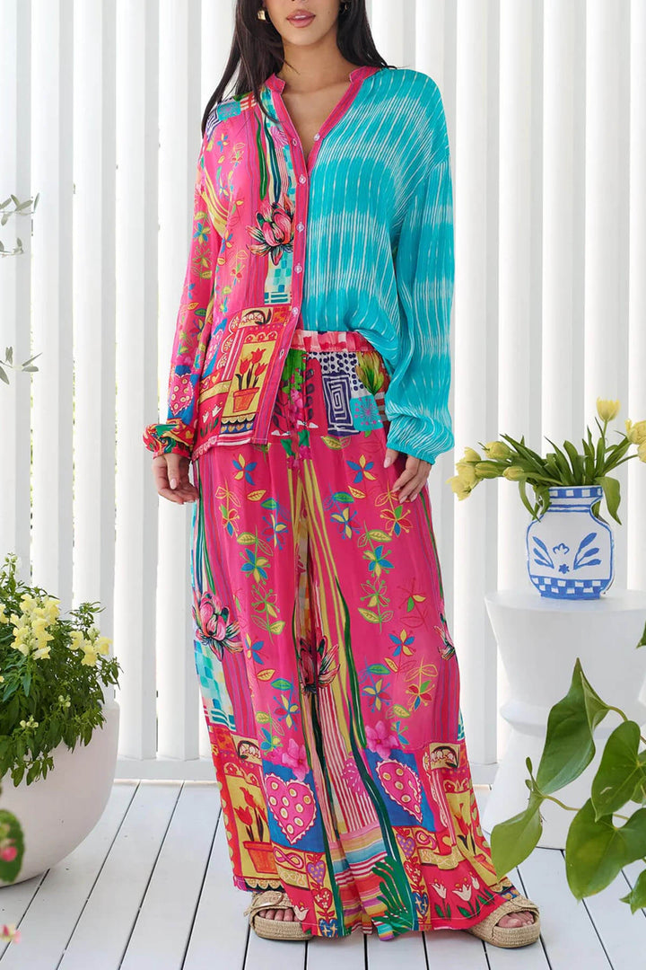 Unique Floral Print Elastic Waist Wide-Leg Pants