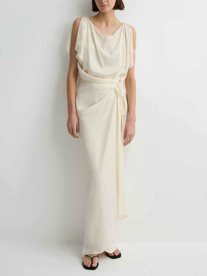 Elegant Satin Draped Wrap Maxi Dress