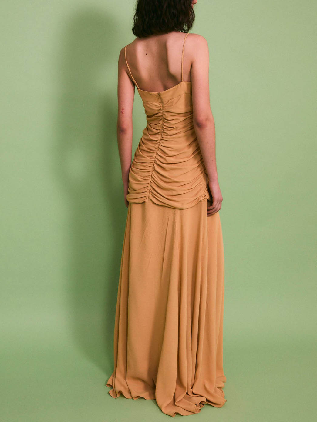 Elegant Ruched Spaghetti Strap Maxi Dress