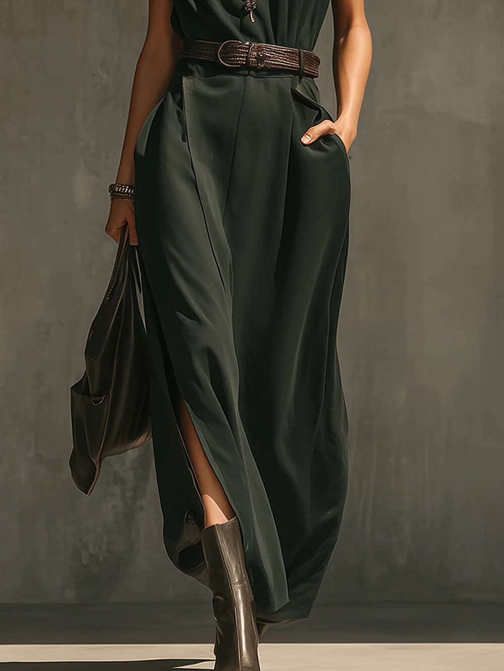 Elegant Green Woven Sleeveless High-Neck Tie-Waist Maxi Dress