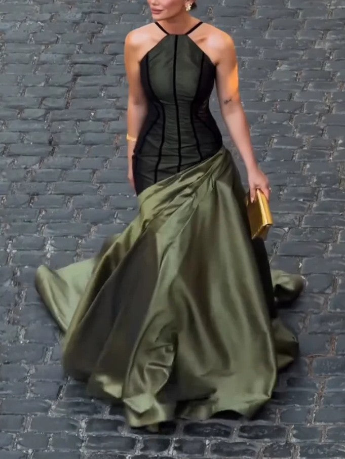 Elegant Halter Neck Contrast Corset Satin Maxi Dress