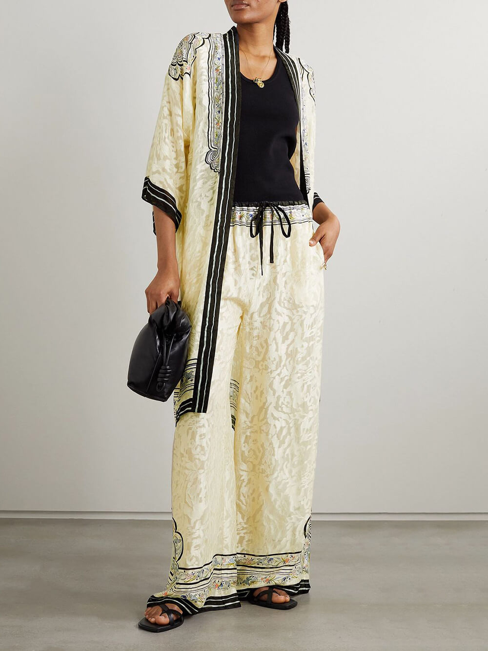 Unique Print Satin Lace-Up Ealastic Waist Wide-Leg Pants