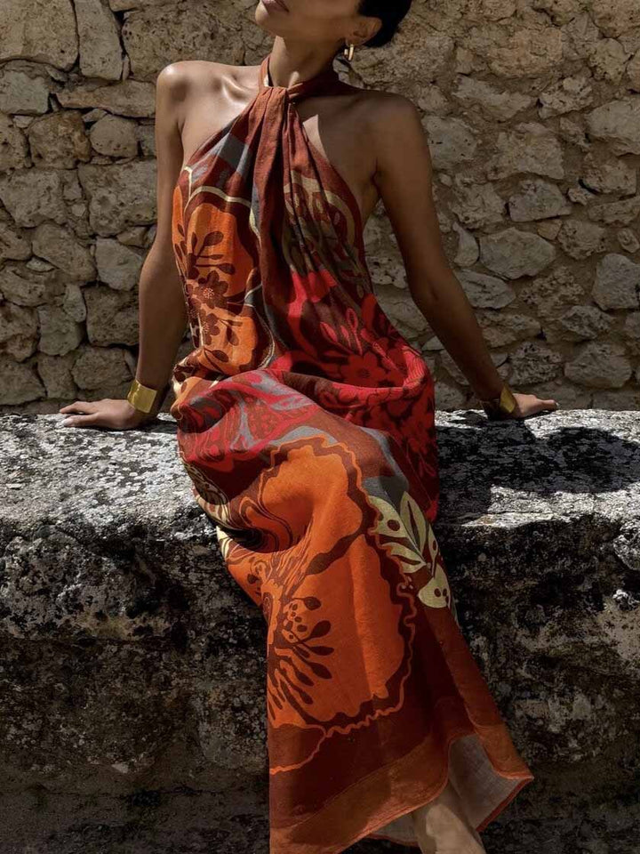 Retro Halterneck Art Caramel Floral Print Maxi Dress
