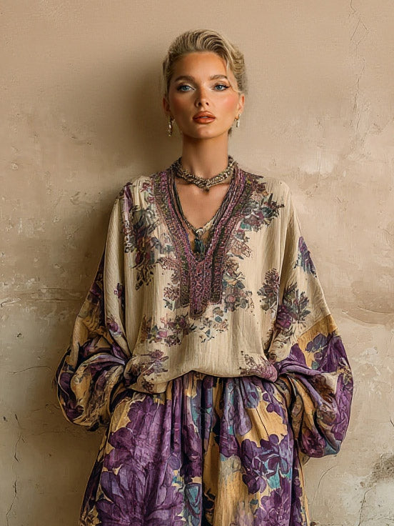 Retro Floral Embroidered V-Neck Loose Top