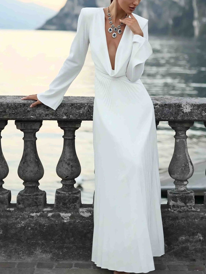 Elegant Draped Neckline Pleated Maxi Dress