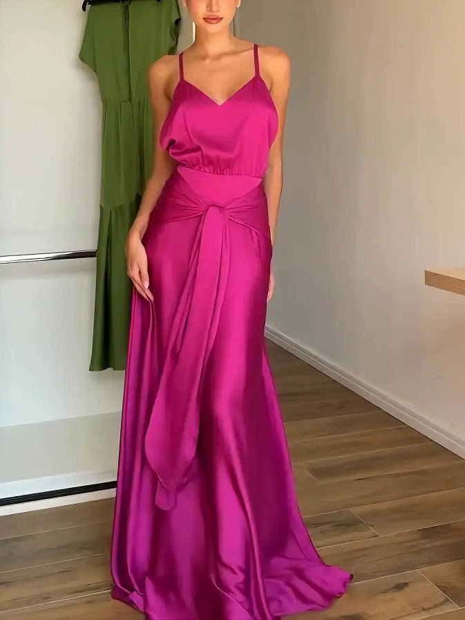 Elegant V-Neck Satin Tie-Waist Floor-Length Slip Dress