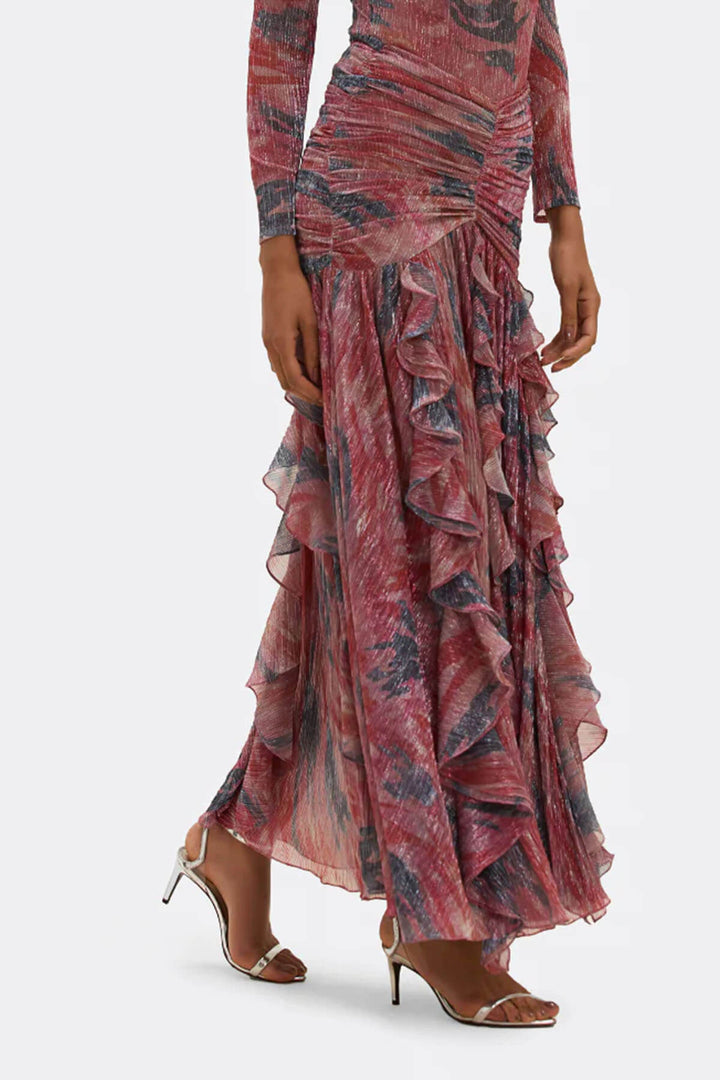 Exquisite Abstract Print Ruched Twist Ruffle Maxi Skirt