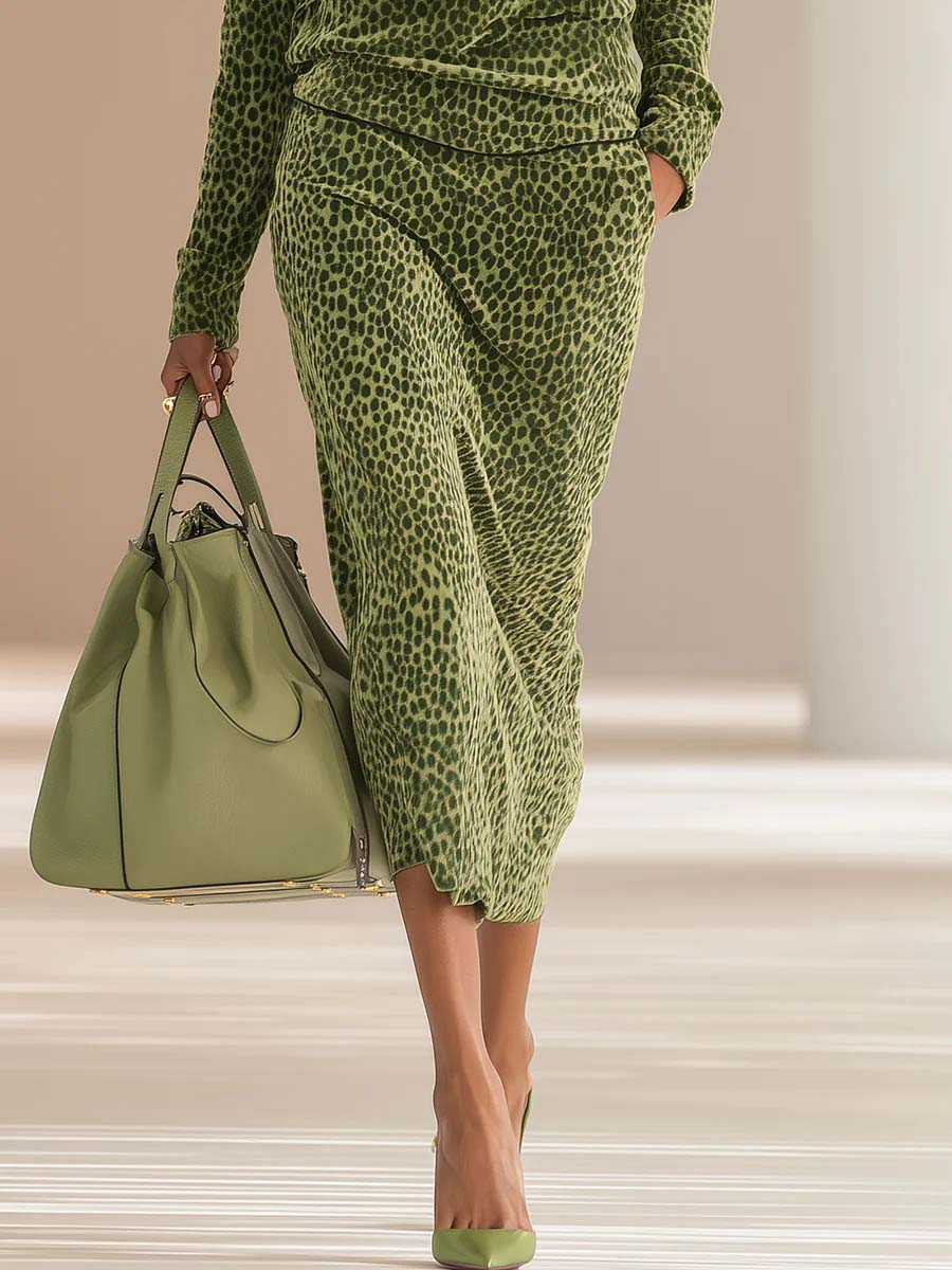 Casual Leopard-Texture Half-Zip Top & Midi Skirt Two-Piece Set