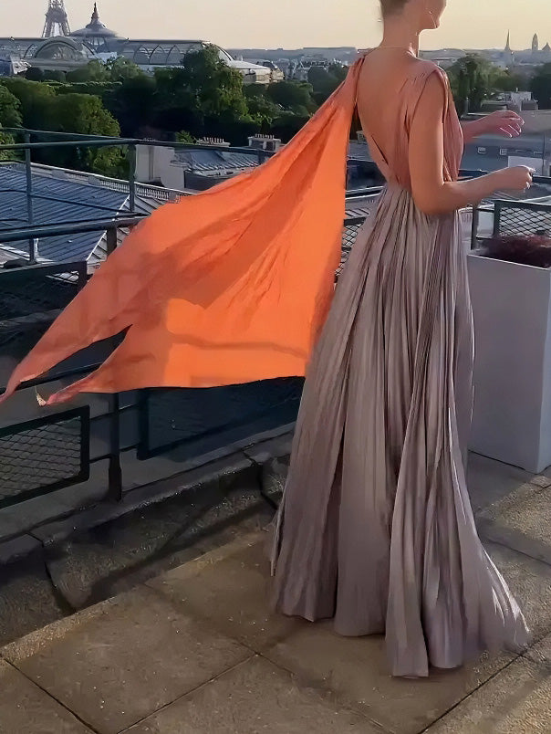 Elegant V-neck Pleated Color-contrast Maxi Dress
