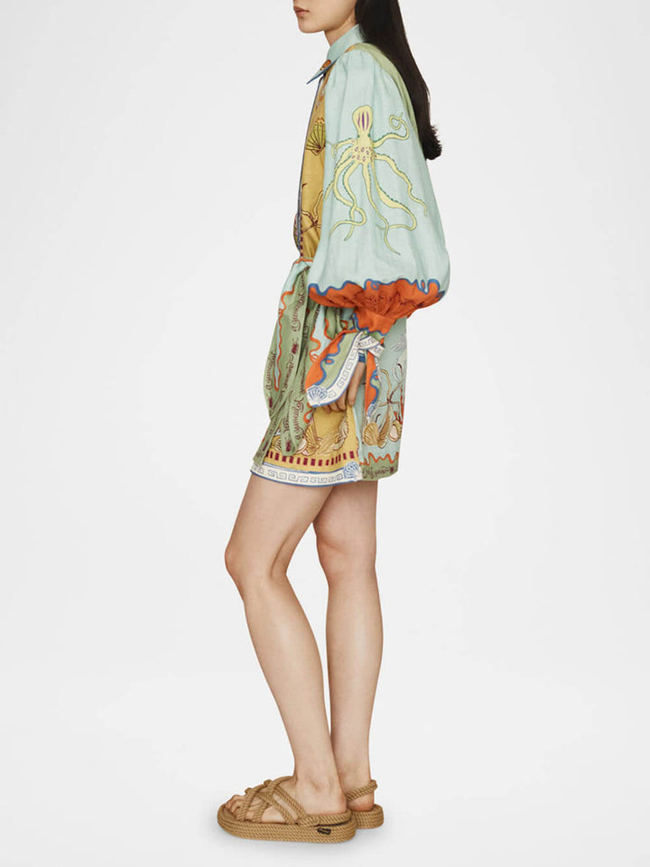 Fashionable And Casual Unique Pattern Printed Linen Shirt Collar Hip Dress