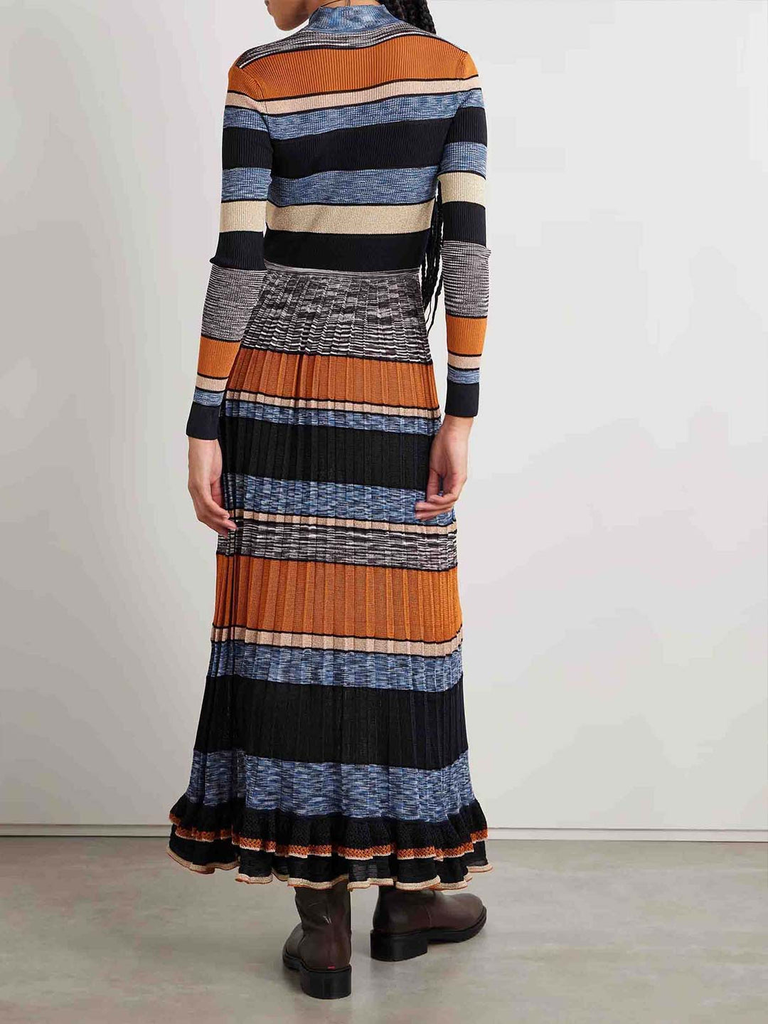 Exquisite Colorful Striped Ruffled Knit High-Neck Maxi Dress
