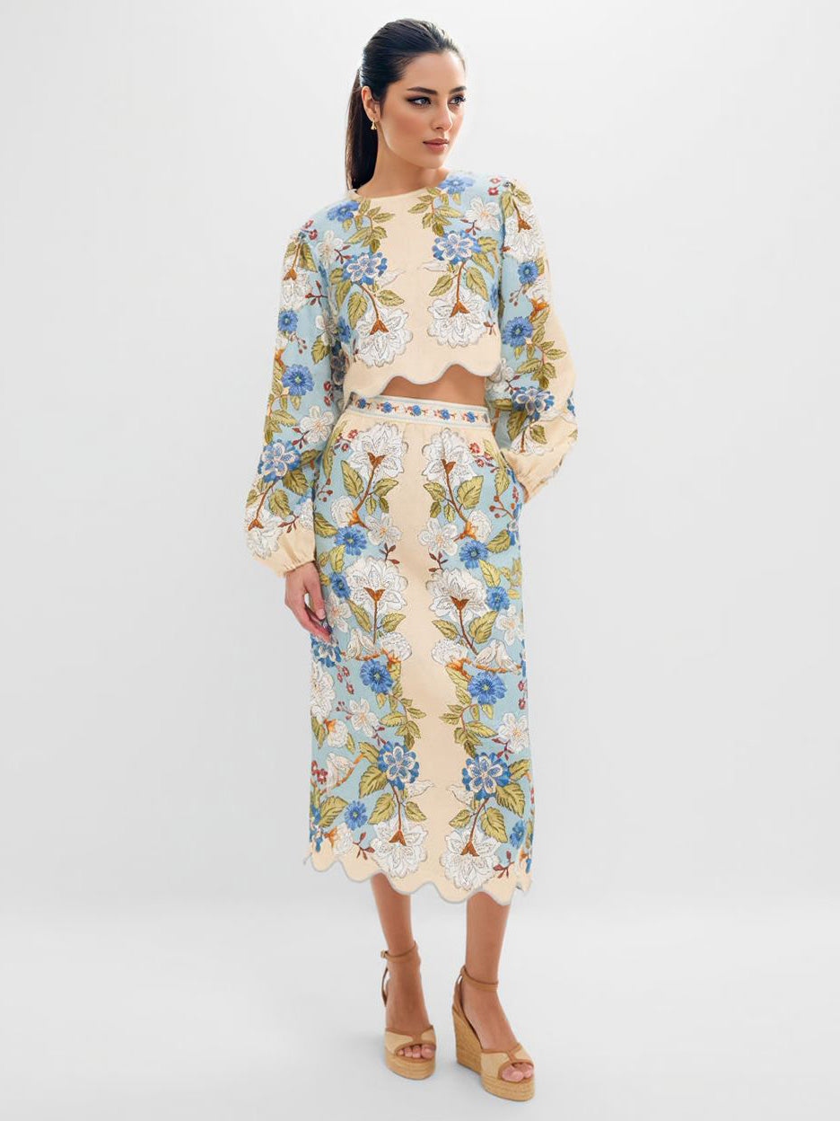 Retro Floral Embroidered Midi Skirt