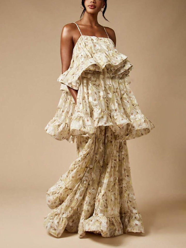 Elegant Floral Ruffled Layered Maxi Dress