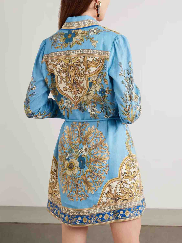 Exquisite Print Long-Sleeve Shirt Mini Dress