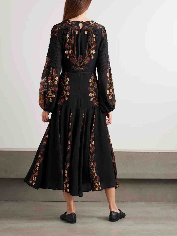 Elegant Berry Garden Tie Print Midi Dress