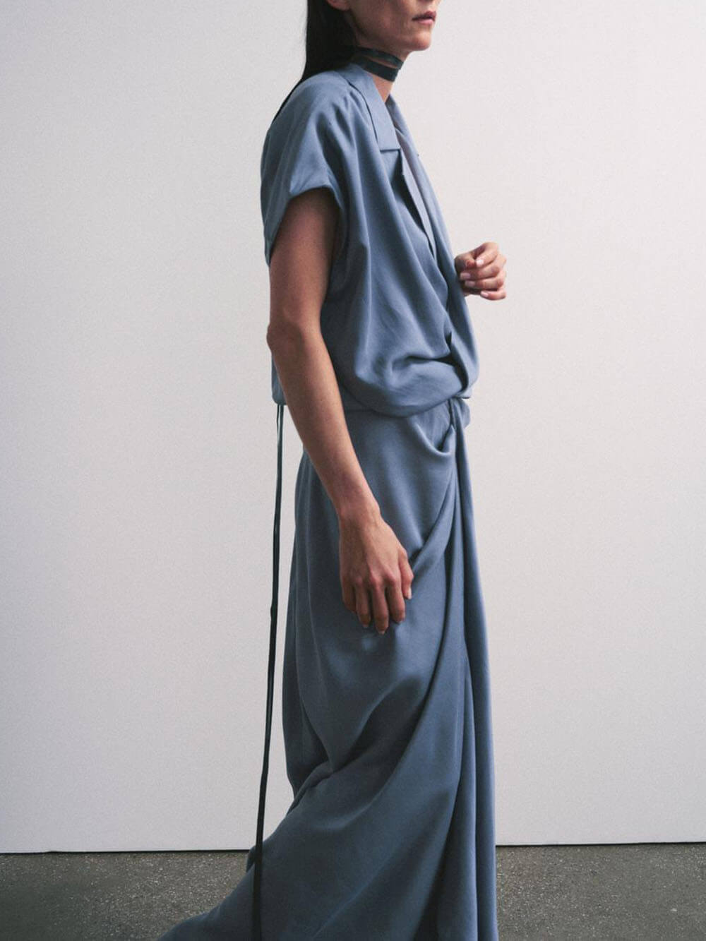 Pleated V-Neck Satin Wrap Maxi Dress